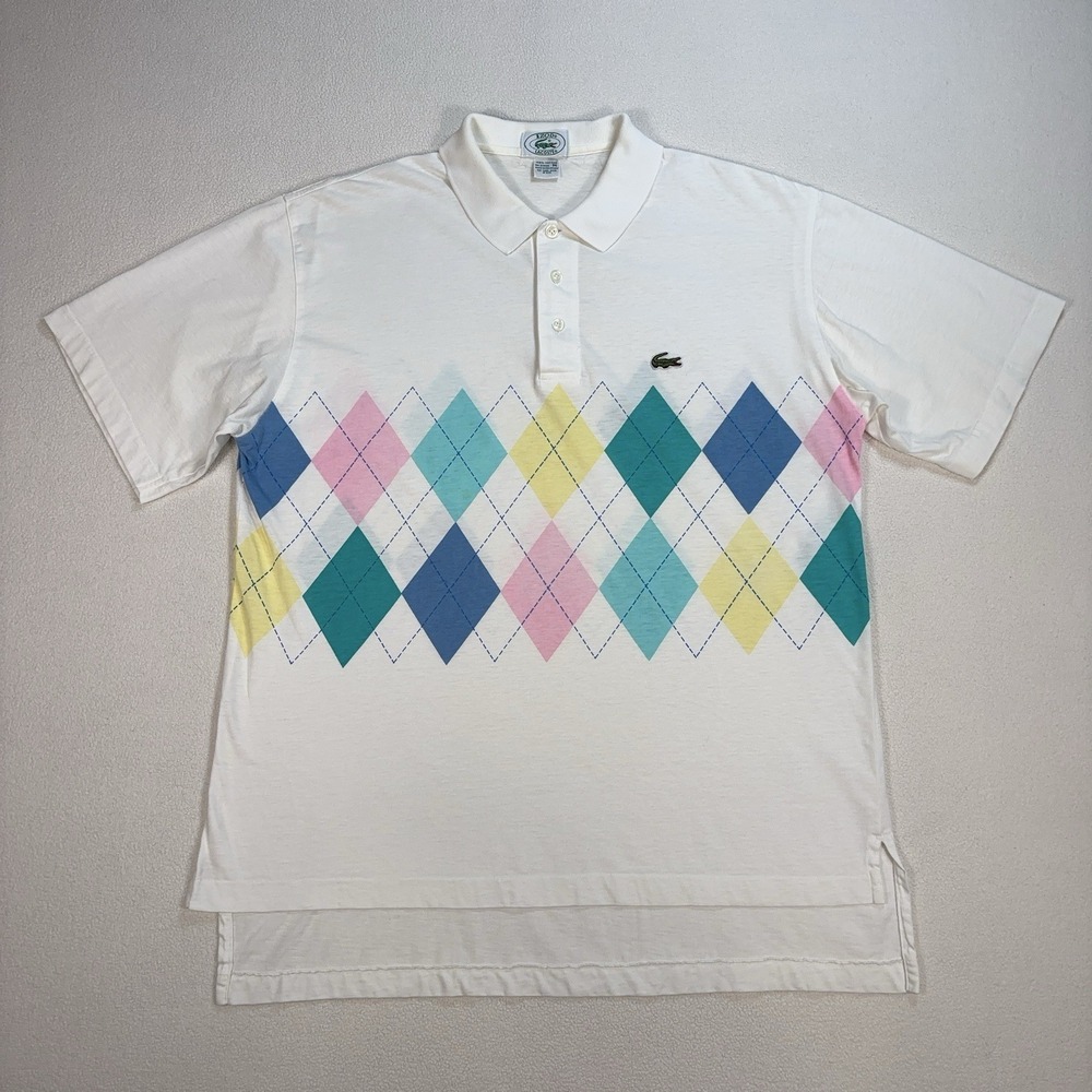 VTG Izod Lacoste Polo Mens M White Diamond 100% Cotto Golf Single Stitch *HOLE*
